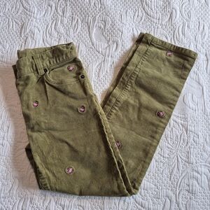 Crewcuts girls pants size 8 olive green corduroy embroidered, adjustable waist